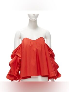 CAROLINE CONSTAS red strapless puff sleeves flared sweetheart corset top size XS